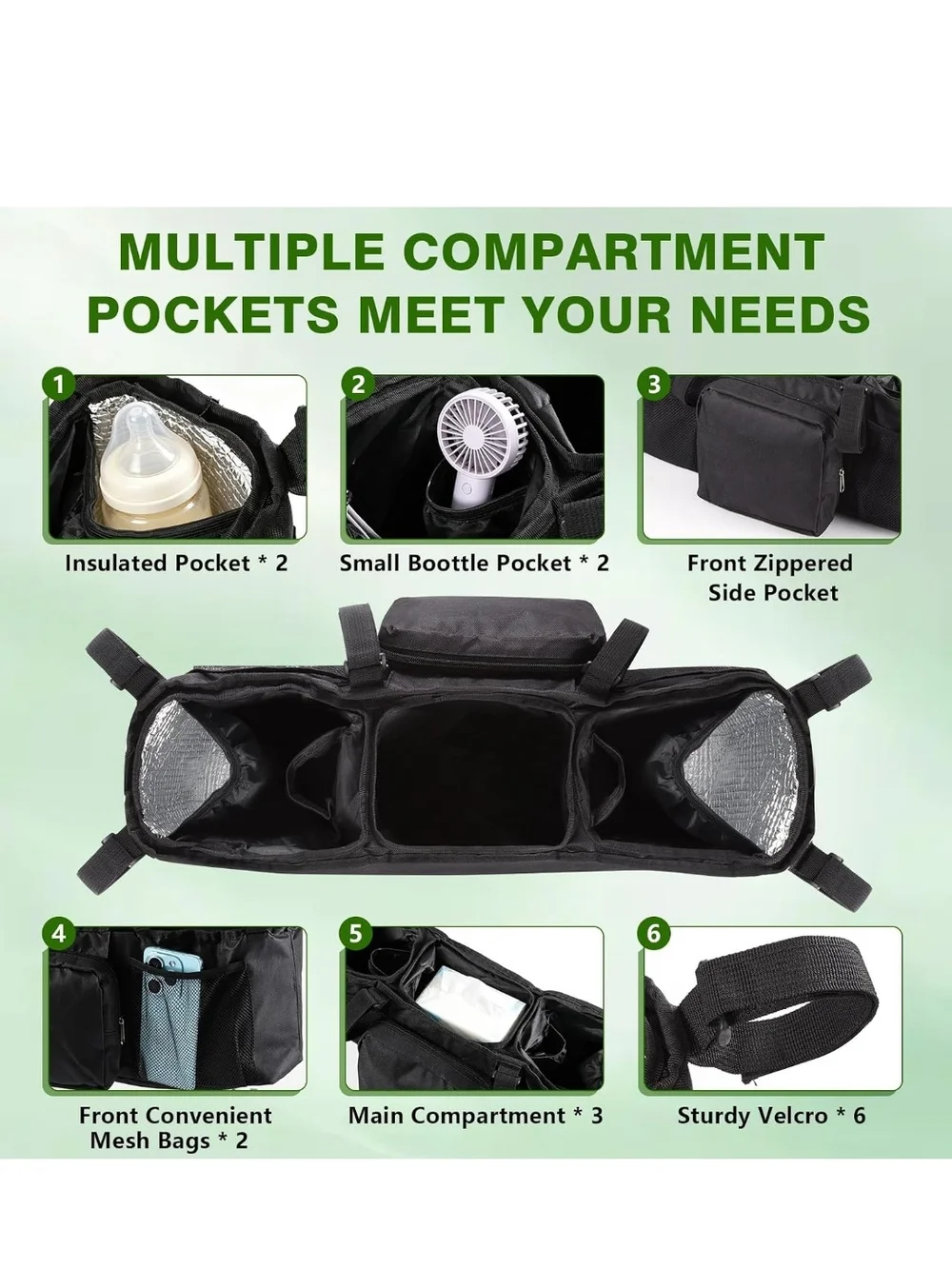 Black Twin Stroller Organizer Caddy - Universal Multi-Pocket Storage
